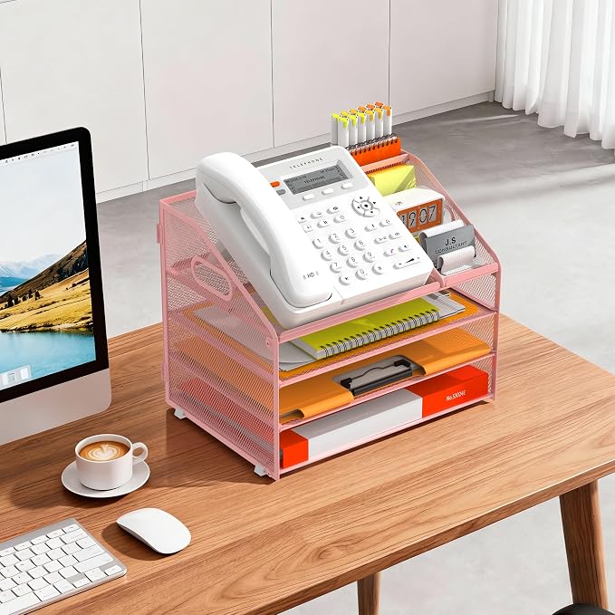 DocNest 4 Tier Metal Mesh Desk File Organizer with Phone Shelf, Pink | Desktop letter tray sorter features a 9.1x9.1 inch top phone holder, built-in sticky note compartment and pen holder
