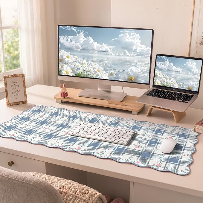 iCasso Leather Scalloped Checkered Mouse Pads for Desk, Aesthetic Floral Computer Mat, Back to School XXL Desk Mat for Keyboard and Mouse, Mousepad with Stitched Edges, Keyboard Pad(Light Blue)