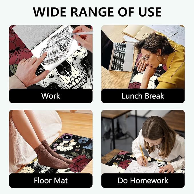 Heated Mouse Pad with 3 Levels Heated & 3 Hours Auto Shut-Off Mouse Pad for Warming Hands in Office Home, 23.6" x 14.2"Large Safe Desk Mat Hand Warmer,Sugar Flowers Skull Skeleton