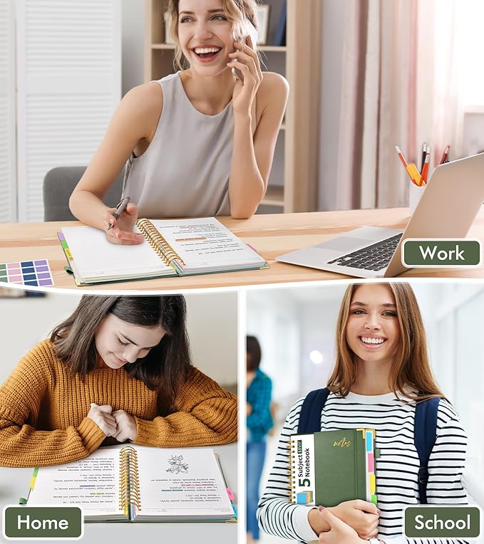 Hardcover Spiral Notebook Journal 8.5" x 11" Leather 5 Subject Notebook with Removable Dividers Tabs, 300 Pages Organizer Notebooks for Work School, College Ruled, Large Lined Journal for Women,Sage