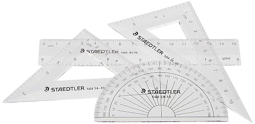 STAEDTLER Math Set - 4 pc Geometry Kit for Students - School Supplies with Clear Protractor, 6in Ruler & 2 Triangles – Metric & Imperial Scales