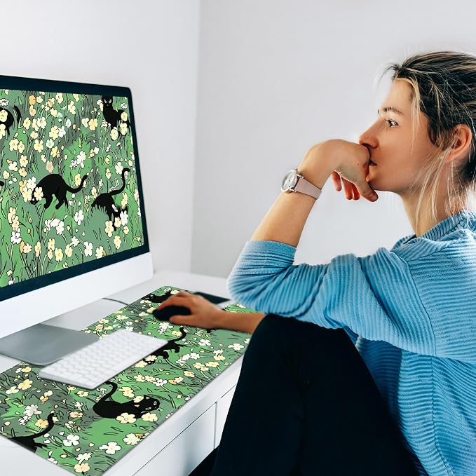 Warm Desk Pad,Heated Desk Pad,Office Mat,3 Heating Levels & 3 Hours Auto Shut-Off,31.5"*13" Gaming Mouse Laptop Keyboard Leather Desk Mat,Cat Floral Green