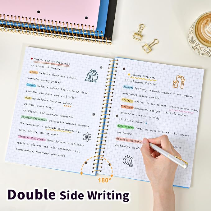 Spiral Notebook Graph Ruled Paper 8" x 10 1/2", 1 Subject Spiral Grid Notebook 3-Hole Punched Perforated Page Ideal for School, Office, Writing, 95 Sheets Lined Journaling Graphing Notebook, Blue