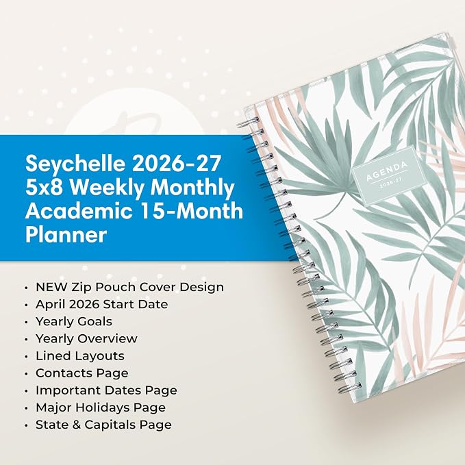 Blue Sky 2026-2027 Weekly & Monthly Academic Planner, 5"x8", Seychelle | 15-Month, April 2026 - June 2027, Flexible Cover With Zip Pouch, Wirebound, Storage Pocket, Academic Year