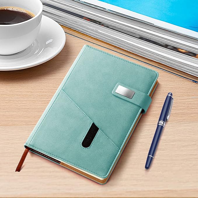 A5 Lined Leather Journal with Pen, 240 Pages Refillable Hardcover Notebook with Pocket and Magnetic Buckle, 80gsm Thick Daily Diary for Men Women, Great Gift for Business Travel Personal - Light Green