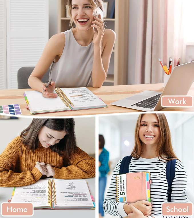 5 Subject Spiral Notebook Journal with Removable Dividers Tabs, 300 Pages Organizer Notebooks for Work School, 8"x10" Hardcover Leather Notebook College Ruled, Large Lined Journal for Women Men,Pink