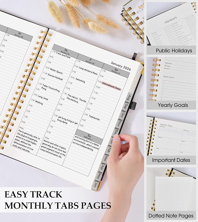 2026 Planner, Weekly and Monthly Calendar Planner from January 2026 - December 2026, 8.5" x 11" Hardcover Leather Hourly Appointment Book with Tabs, Spiral Daily Planners for College School Work Home, Black