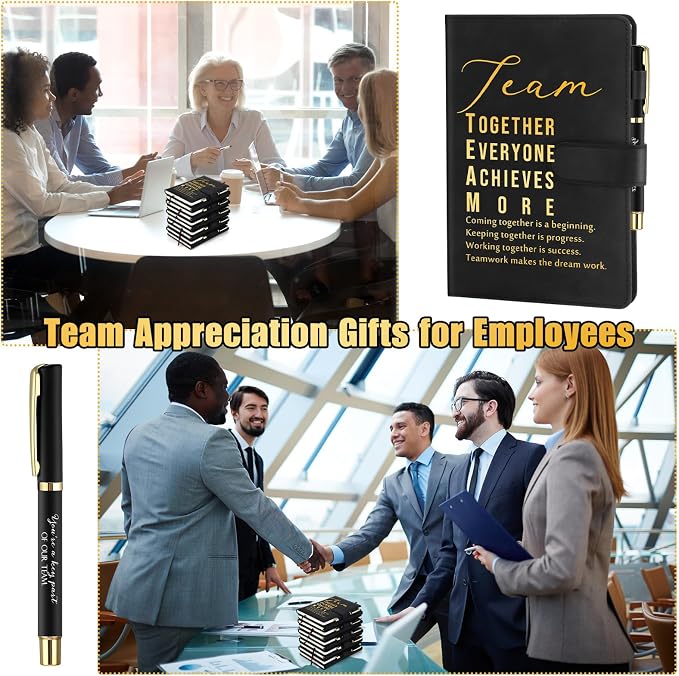 Kosiz 20 Pcs/10 Sets Employee Appreciation Gift Bulk A5 Leather Notebook Inspirational Journal Pen Thank You Gift for Men Women Coworker Teacher Office Back to School(Black,Team)