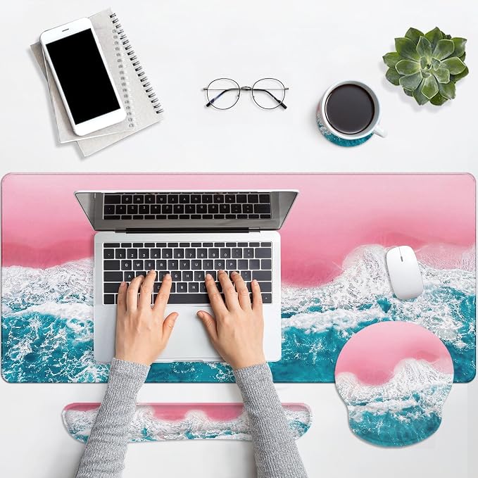 Britimes Blue Sea Keyboard Mouse Pad Set Pink Sand Beach 4in1 Large Mousepad+Keyboard Wrist Rest+Mouse Wrist Rest+Coaster Set with Ergonomic Design for Home Office Computer 35.4x15.7 inches