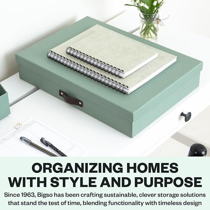 Bigso Sverker Fiberboard Document Storage Box with Lid for A3 and Legal Size Papers, Magazines, and Art - Sturdy, Stackable Keepsake Box with Leather Handle - W17.1in x D12.2in x H3.3in - Soft Teal