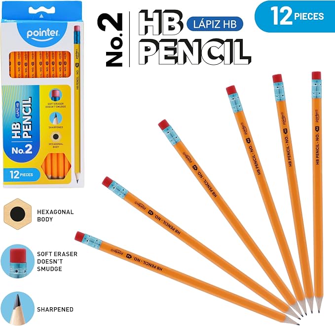 Pointer No. 2 HB Pencils Presharpened HB Wood-Cased Soft Erasers 144 Pack | No.2 HB Pencils Sharpened, Wood Case Pencils with Soft Erasers, No. 2 Wooden Box of Pencils Set for Clasroom Use and Office