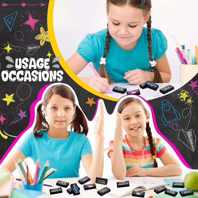 Dunzoom 100 Pcs Back to School Inspirational Pencil Erasers Bulk for Kids Fun Motivational Eraser School Office Supplies for Students Classroom Office Teacher Artists(Colorful Chalkboard)