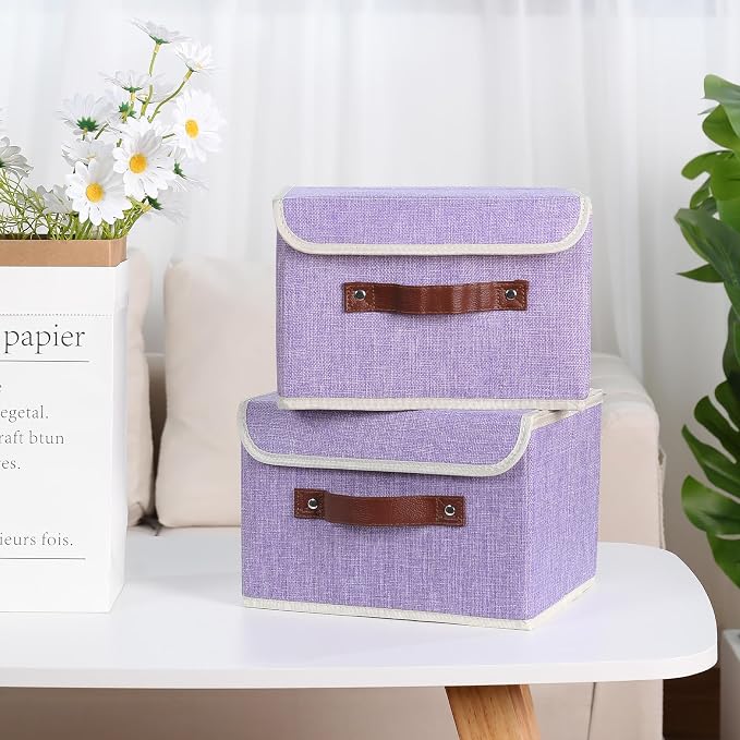 ANMINY Storage Bin with Lid Storage Boxes with PU Leather Handles PP Plastic Board Decorative Foldable Lidded Cotton Linen Fabric Home Cubes Baskets Closet Organizer Container - Purple, Medium