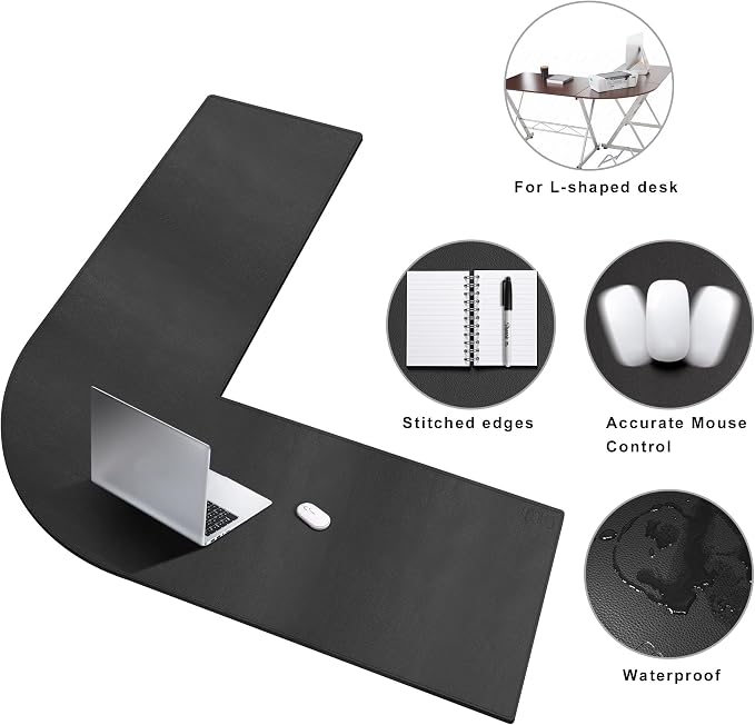 Cacoy 47" x 51" L Shaped Desk Pad, PU Leather Corner Desk Mat, Waterproof L-Shape Mouse Pad for Gaming Computer Home Office, Workstation Writing Desk Blotters Protector, Black