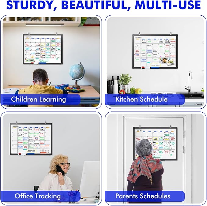 White Board Calendar Dry Erase for Wall, 24" x 18" Aluminum Frame(Black) | Magnetic Monthly Planner Board, Wall Mounted or Hanging. Calendar Design Suitable for Daily Planning of Home, Office, Class