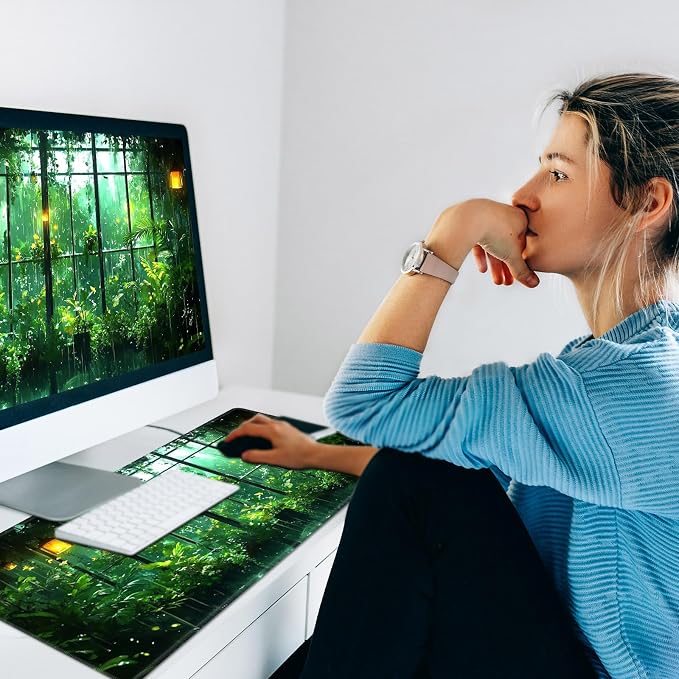 Warm Desk Pad,Heated Desk Pad,Office Mat,3 Heating Levels & 3 Hours Auto Shut-Off,31.5"*13" Gaming Mouse Laptop Keyboard Leather Desk Mat,Green Forest Window