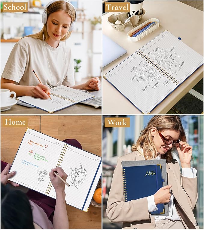 Hardcover Spiral Notebook Journal 8.5” x 11”, A4 Large Leather Notebooks for Women Men, Lined College Ruled Notebook, 100 GSM Paper, Spiral Bound Journals for Work School Note Taking Business, Navy