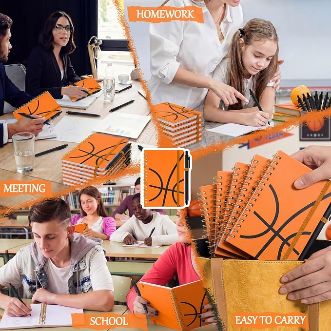 Fulmoon 24 Set Basketball A6 Spiral Notebook with Ballpoint Pens 50 Sheets, 4"x 6" Small College Ruled Notepads Journaling Notebooks Bulk Basketball Team Gifts for Back to School Supplies Offices