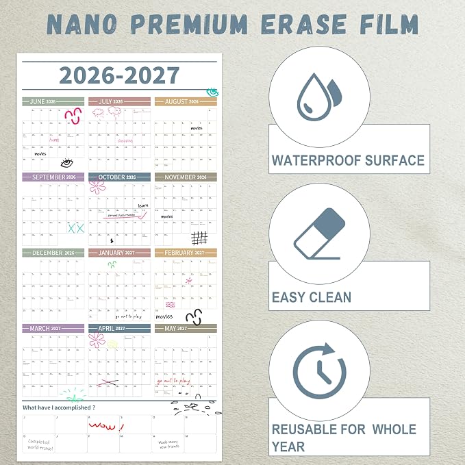 GuassLee Large Yearly Wall Calendar 2026-2027, Full Year Calendar One Page, Jun. 2026- May 2027, Annual Wall Calendar 2026, 24"X 48" Wall Calendar 2026 Large with Foam Stickers