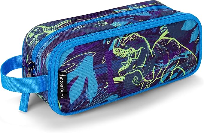 Choco Mocha Boys Pencil Case for Kids, Soft Large Zipper Pencil Pouch for Boys with 2 Compartments Boy Pencil Case for School Dinosaur Pencil Bag, Navy Blue