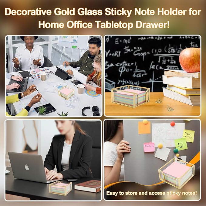 Glass Sticky Note Holder, Gold Post It Note Dispenser for Desk,3 x 3 Inch Post It Note Holder,Stylish Sticky Note Dispenser for Home Office Desk