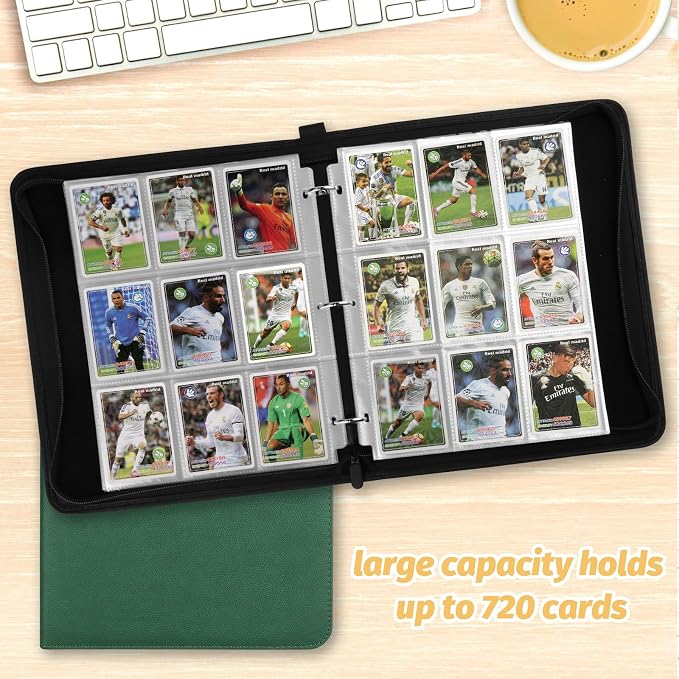 GERMUN 3 Ring 9 Pocket Zipper Card Binder, 720 Double Sided Standard PU Trading Card Album Folder for TCG & Sports Cards, Not Fit Top Loaders (dark green)