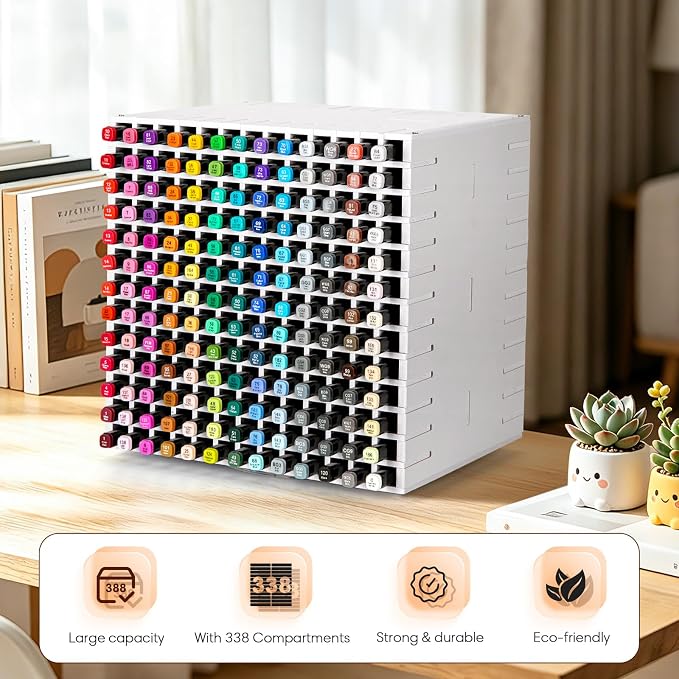 360° Rotating Marker Storage Rack, 338 Individual Slots Desktop Organizer Holder for Art Markers, Pens, Color Pencils - White
