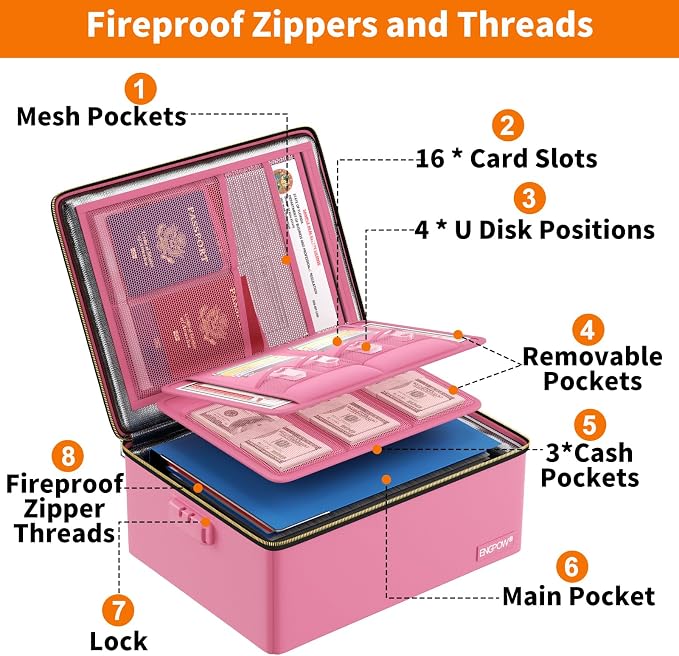 ENGPOW Fireproof Document Box with Lock & Heat-Resistant Fireproof Zipper | 6400°F 12-Layer Fire Protection, Hard File Organizer with Pockets, Portable Home Chest Safe Storage for Money,Jewelry, Pink