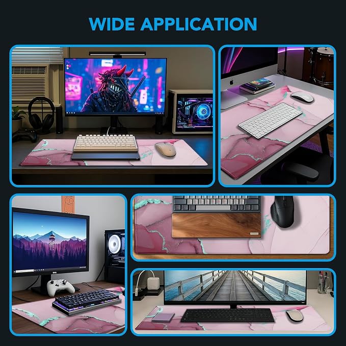 Large Mouse Pad, Gaming Pad with Non-Slip Rubber Base, Waterproof Mousepad with Stitched Edges, XXL Computer Long Keyboard Mouse Mat for Gamer, Office & Home, 31.5" x 15.7", Marble Pink