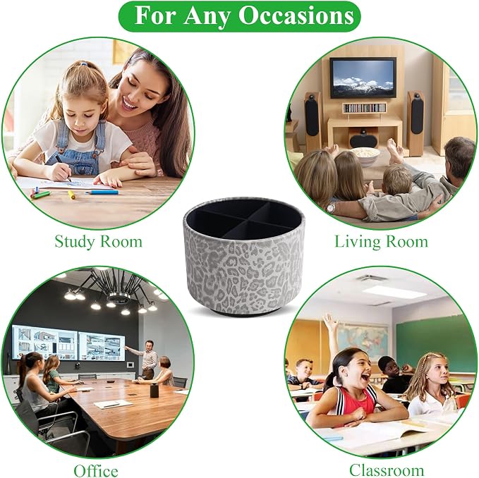 Round Leather Art Supply Organizer,Remote Control Holder,360 Degree Rotating,Multi-Functional Pencil Holder,4 Compartments Desktop Stationary Organizer(1-Leopard Grey)