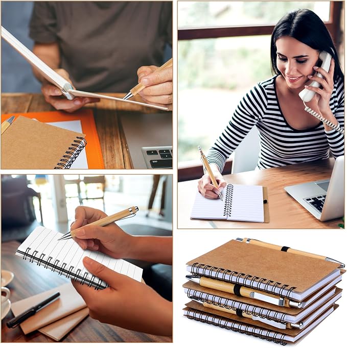 Engrowtic 20 Set Bulk Notebooks with Pens Appreciation Gifts, Spiral Kraft Pocket Notebooks Lined Journal with Bamboo Pens Personalized Gifts for Employee Teachers Father's Day Back to School Favors