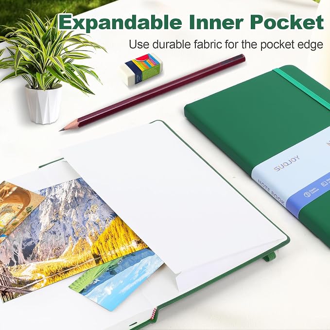 SUQJOY Lined Journal Notebooks, 6 Pack 160 Pages, 5.5x 8.2-Inch Journals for Women Men, Hardcover Notebook with 100 gsm Thick Paper, A5 Size College Ruled Notebook for Writing/Travel/Work (Green-6 Pack)