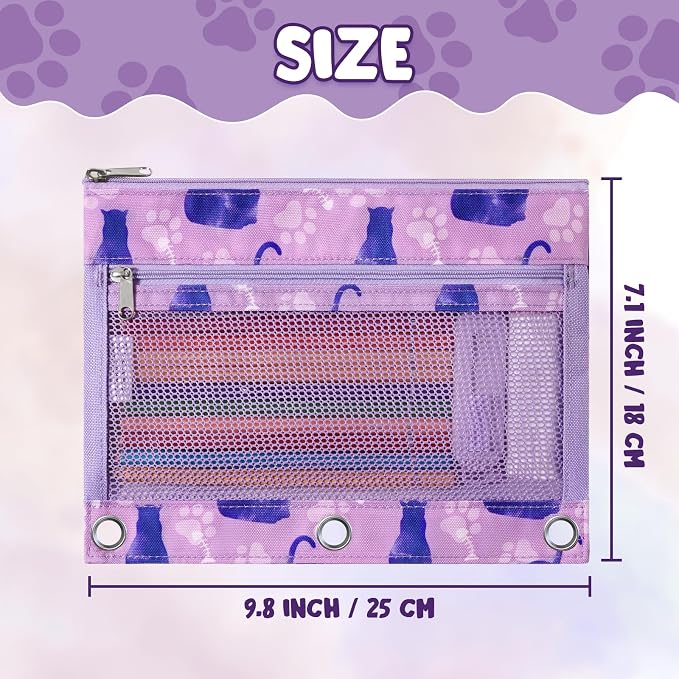 WAWSAM Cat Pencil Pouch for 3 Ring Binder, Zipper Pencil Pouches for Girls | 2 Pocket Clear Window Pencil Case, 3 Ring Pencil Pouch for School Supplies, Pencil Bags for Office College