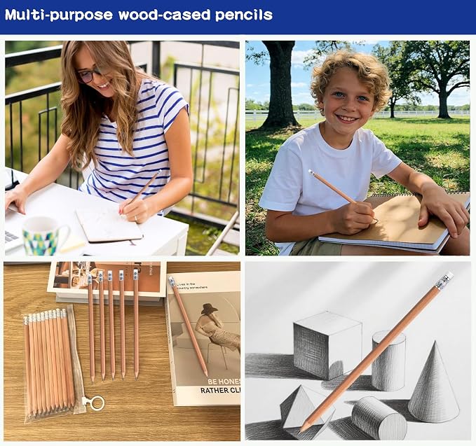 Adhere 25pcs Woodcase Pencils with Eraser Premium Pre-Sharpened Hexagon Graphite 2B pencils ideal for home, office writing including a Free Sharpener (Nature wood・25pcs)