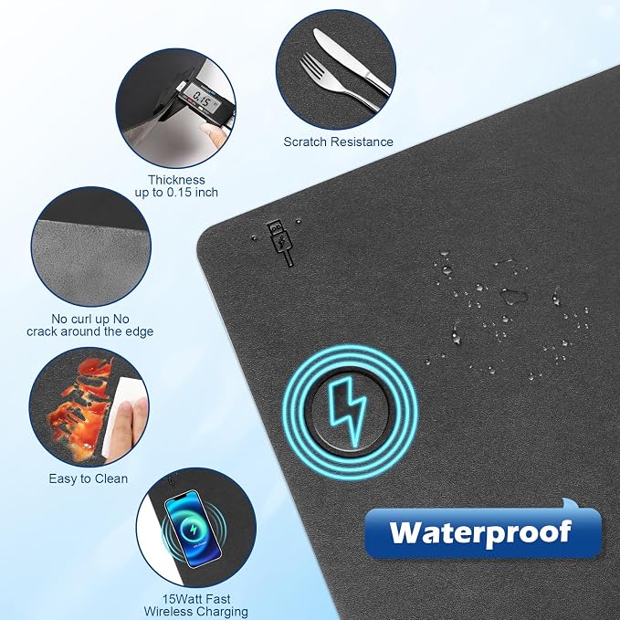 Wireless Charging Desk Mat,Mouse Pad, Black-L, 32 * 16inch