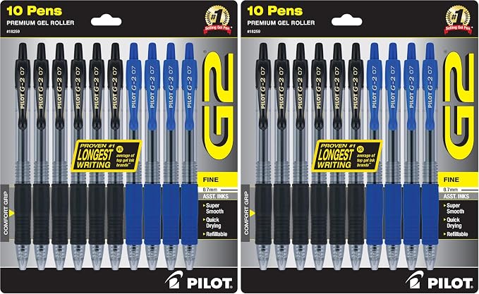 PILOT G2 Premium Refillable & Retractable Rolling Ball Gel Pens, 0.7mm Fine Point, 6 Black and 4 Blue Pens (Pack of 2, 10 Count Total)