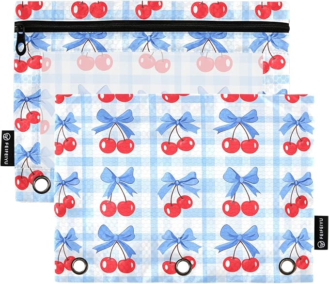 Cherry Blue Bow Buffalo Plaid Pencil Pouch for 3 Ring Binder 2 Pack Zipper Binder Pencil Bag with Clear Window Pencil Case for Office Supplies