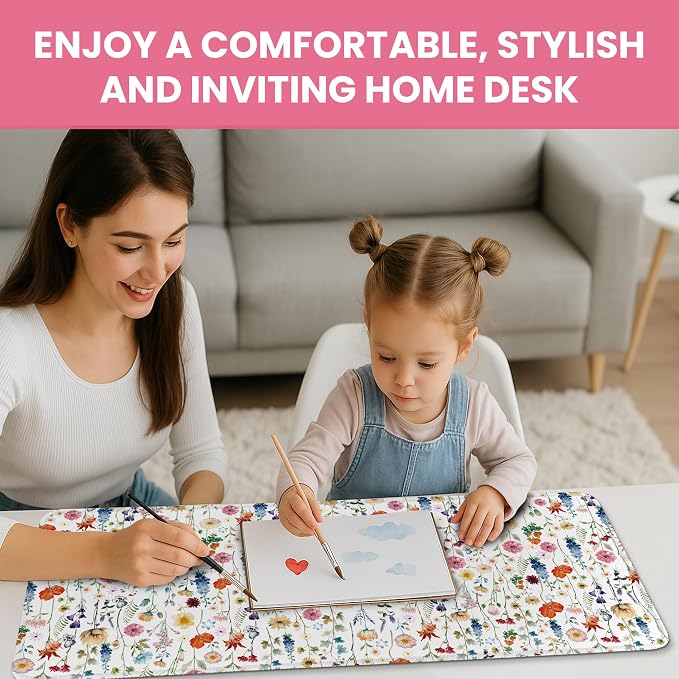 Large Mouse Pad for Desktop, Cute Desk Mat Pad Protector for Work & Gaming, Aesthetic Pretty Anti-Slip Laptop Blotter Cover for Office School Home Supplies, Wildflowers, 35.4" x 15.7"