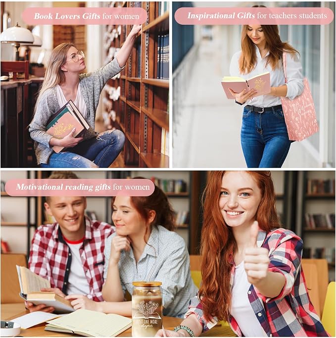 Havawish 14 Pcs Book Lovers Gift for Women 16 oz Glass Cup Tote Bag A6 Journal Notebook Pens Highlighters Sticky Notes Back to School Teacher Librarian Bookish Book Club(Pink,Aesthetic)