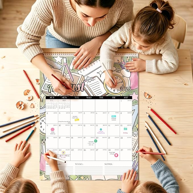 Ospelelf 2026 Wall Calendar Large 17'' x 22'' Coloring Calendar for Family, Monthly Doodle Calendar Planner with Plastic Cover for Kids, Use Jan 2026 - June 2027, Season