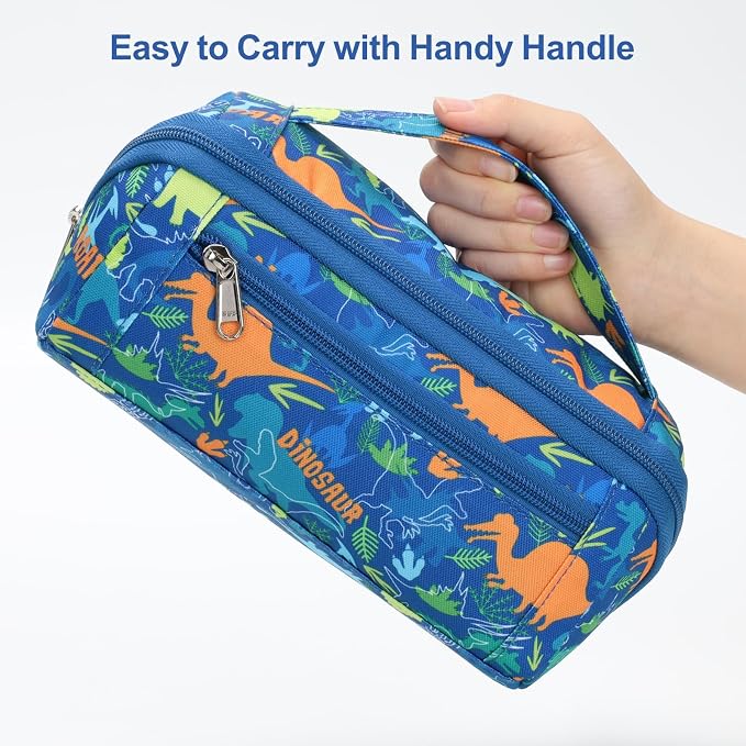 Large Pencil Case for Boys - Aesthetic Pencil Pouch for School | Kids Pencil Case & Wide Handle, Water Resistent Organizer Box,Fits 50 Pens & Markers, Daily Use, Blue Dinosaur