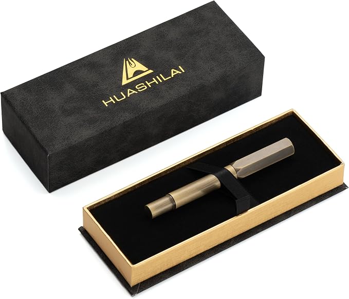 Luxury Solid Brass Fountain Pen Set for Writing & Calligraphy - Choose Antique or Matte Black Finish. Includes 10 Ink Cartridges & Premium Gift Box (Extra Fine Nib, Antique Brass)