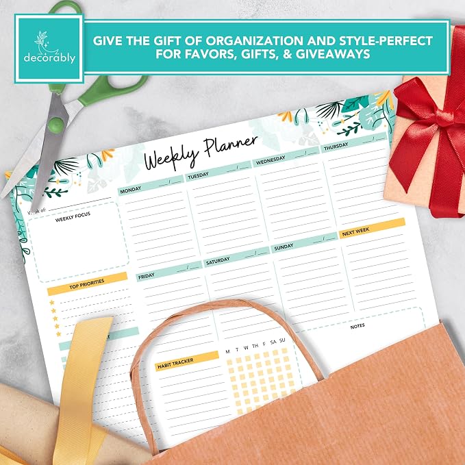 Decorably 52 Sheets Colorful Pastel Weekly to Do List Notepad - 11x8.5" Spring-Bound Planner Pad, Easy Tear-Off for Priorities, Habit Tracker, Focus & Notes - Home, School, Office