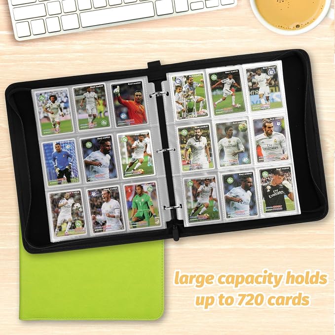 GERMUN 3 Ring 9 Pocket Zipper Card Binder, 720 Double Sided Standard PU Trading Card Album Folder for TCG & Sports Cards, Not Fit Top Loaders (grass green)