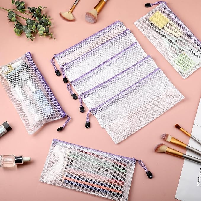 Handepo 100 Pack Mesh Zipper Pouch Pencil Pouches Bulk Clear Storage Bag Small Waterproof Purse Bag Multipurpose for Cash Board Game Passport Office(A6/9.45x4.53in,White Pouch Purple Zipper)