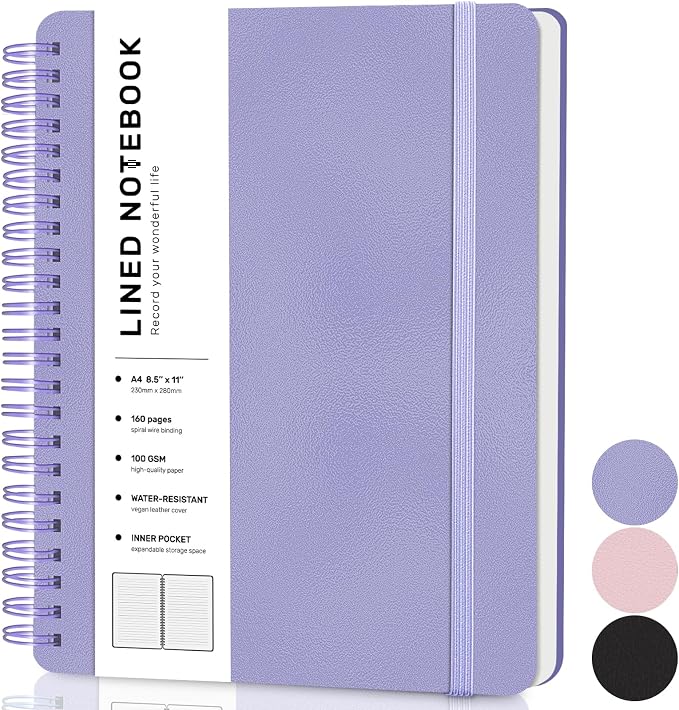 Lined Spiral Journal Notebook with 160 Pages, 8.5×11in, A4 Spiral Notebook, Journaling Notebooks for Work, School, Women, Men, College Ruled Spiral Notebook, Hardcover Leather Journals, Purple