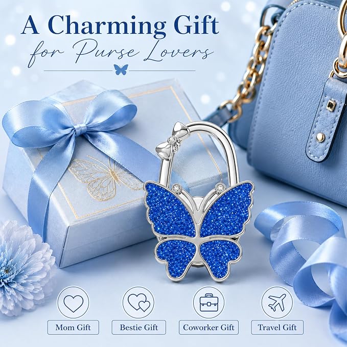 Purse Hook for Table, Foldable Handbag Hanger for Women, Portable Bag Holder with Non-Slip Base, Cute Matte Blue Butterfly Purse Table Hook for Restaurant Office Travel Gift