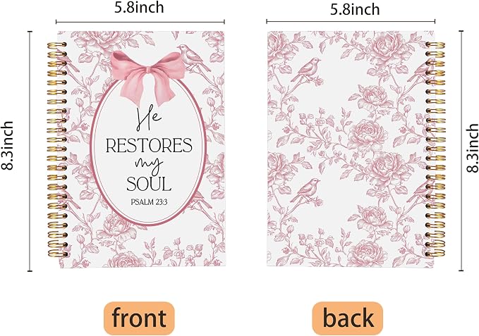 Christian Notebook for Women, Christian Gifts Journal, Prayer Journal for Women, Bible Journaling Notebook, PSALM 23:3 He Restores My Soul Floral Spiral Notebook 5.5x8.3
