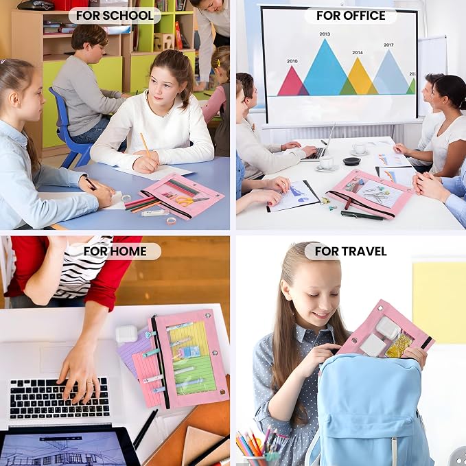 Lanpn Pencil Pouch for 3 Ring Binder 6 Pack, Pink Binder Pen Bags with Zipper, Cute 3 Holes Pencil Pouches Organizer for Boy Girl Kids School Student, Reinforced Grommets & Clear Window