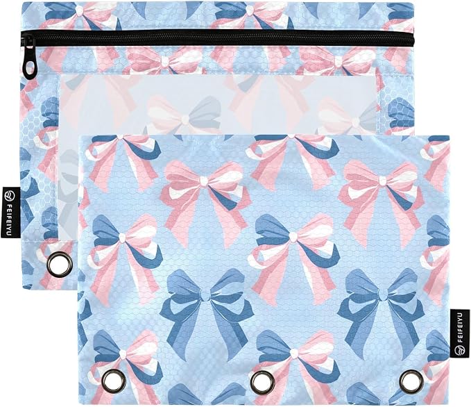 Pink Bow Blue Pattern Pencil Pouch for 3 Ring Binder 2 Pack Zipper Binder Pencil Bag with Clear Window Pencil Case for Office Supplies
